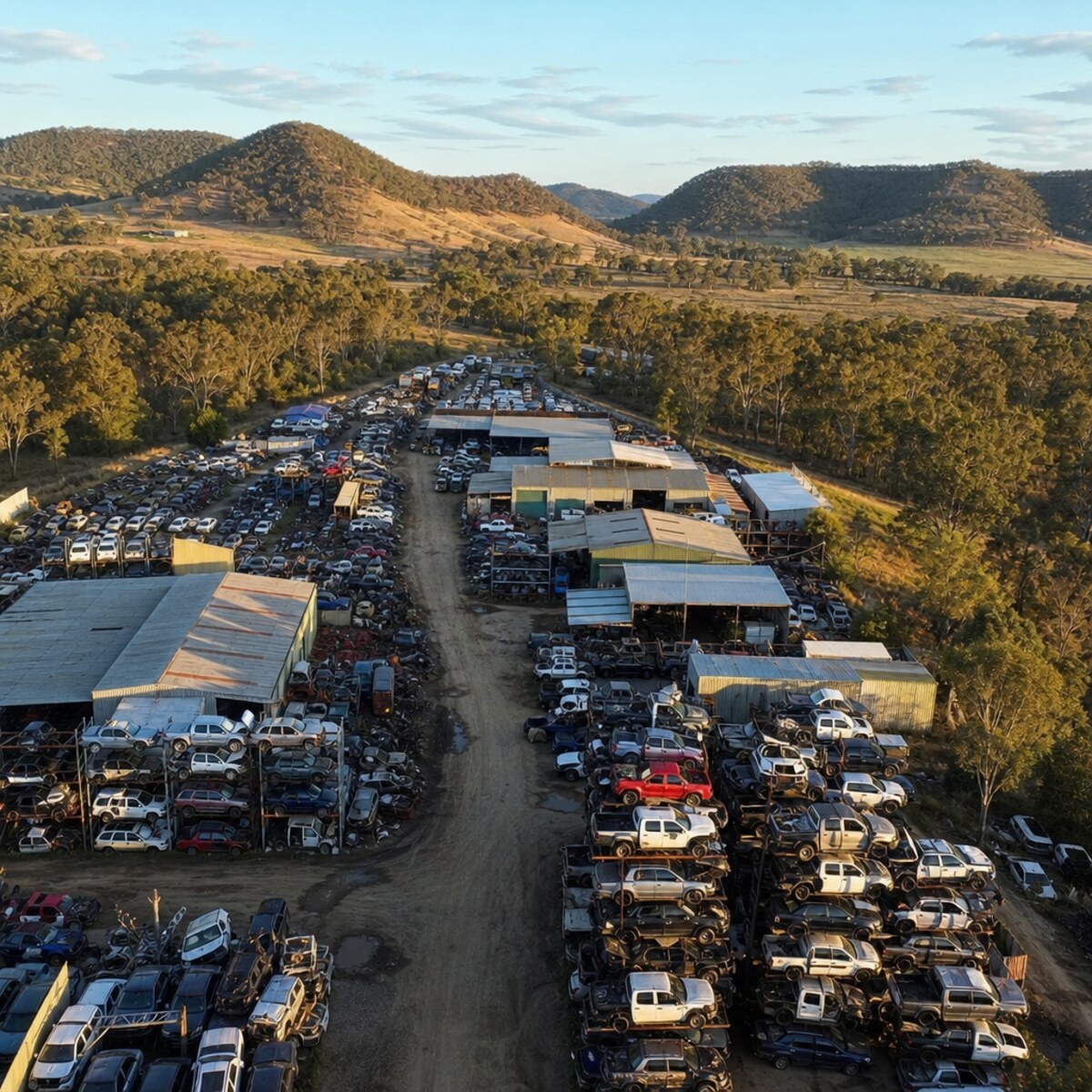 Aerial view of a busy auto wrecking yard with rows of stacked cars and trucks, green hills of the Hunter Valley in the distance
