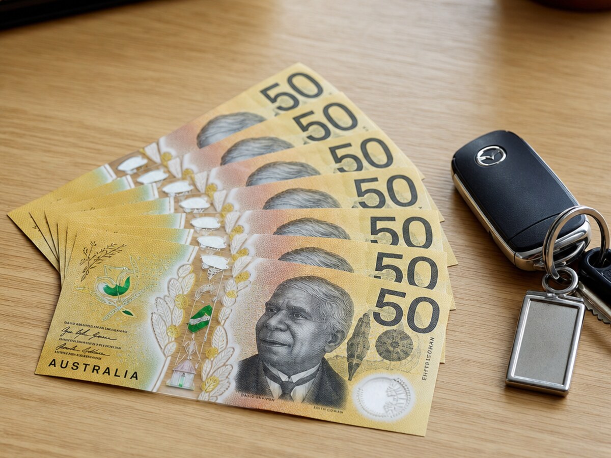 Close-up of Australian dollar notes and a set of car keys on a wooden table
