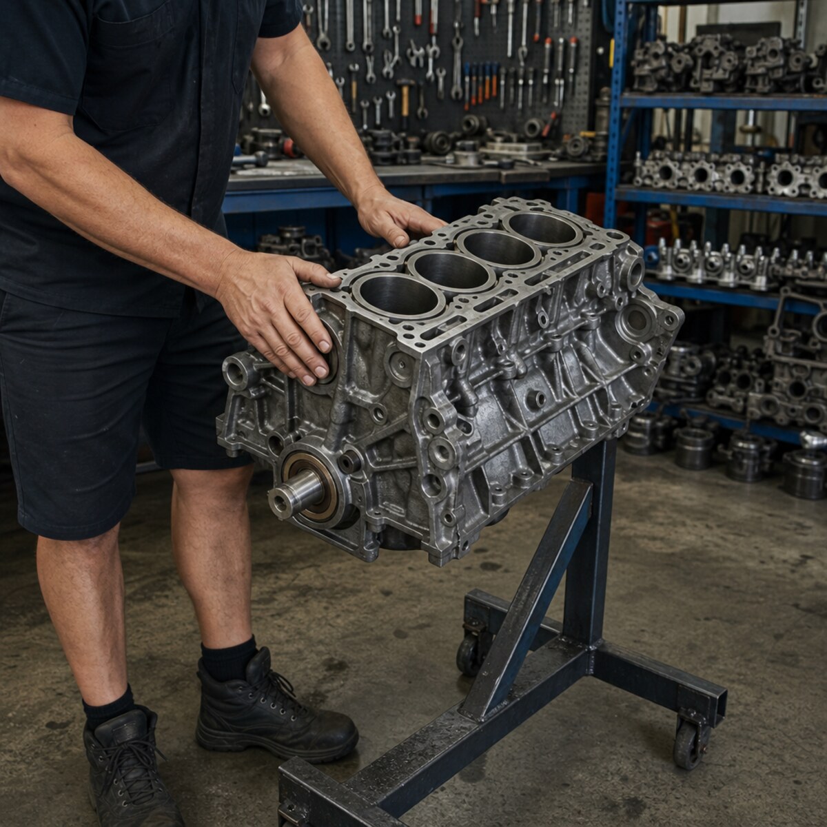 Mechanic inspecting a quality used engine block on a stand in a wrecking yard workshop