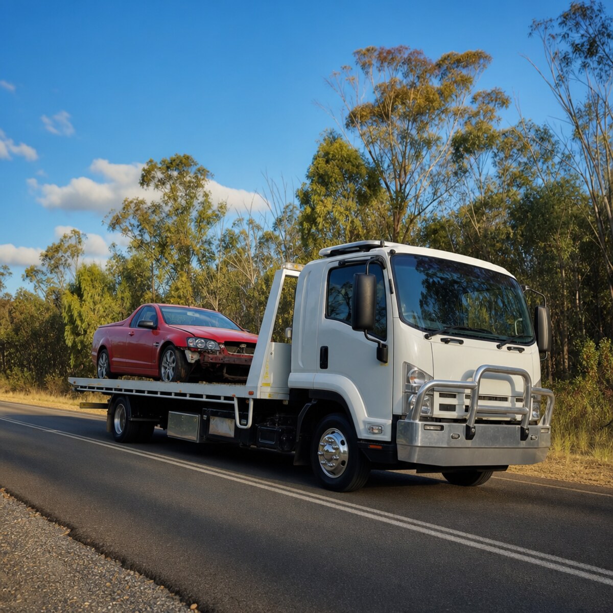 Flatbed tow truck towing a damaged red ute on a country road near Mount Thorley